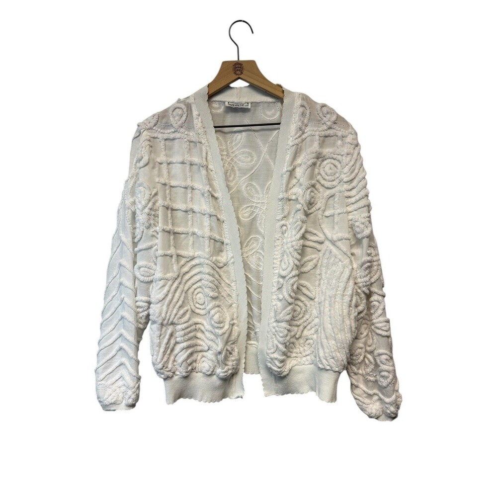 Vintage Damze Chenille White Sweater Cardigan Open Jacket Women’s *some flaws*